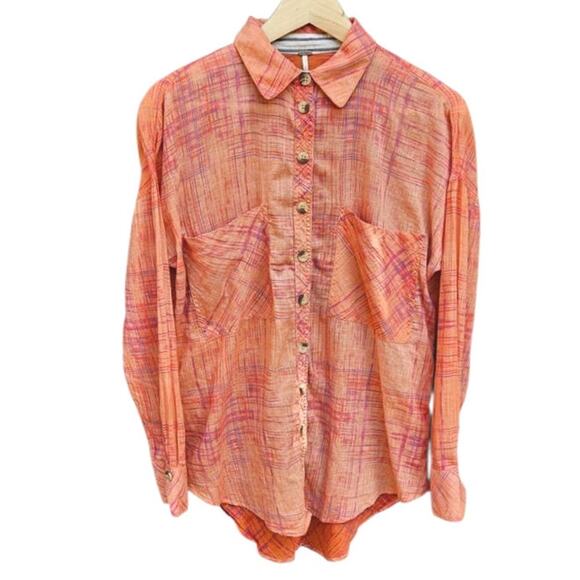 Free People Shore Vibes Button Down Long Sleeve Cotton Orange Women's Small - Picture 1 of 7